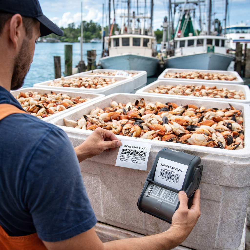 Attaching barcoded labels to stone crab