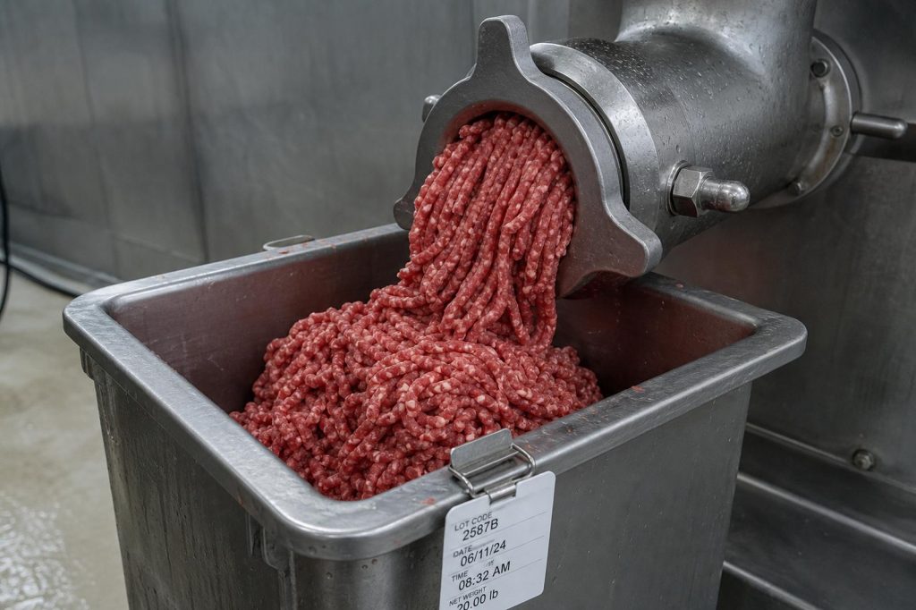 Industrial meat grinder discharging coarse ground beef into a lot-tagged combo.