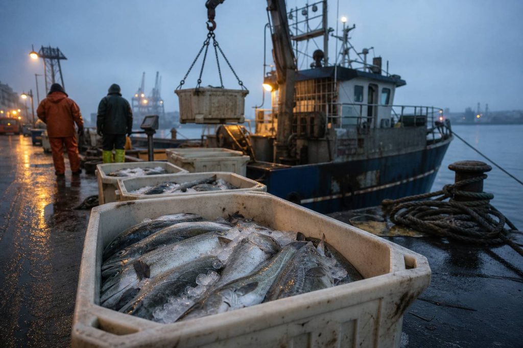 Iced fish totes offloaded from a fishing vessel at first land-based receiving.