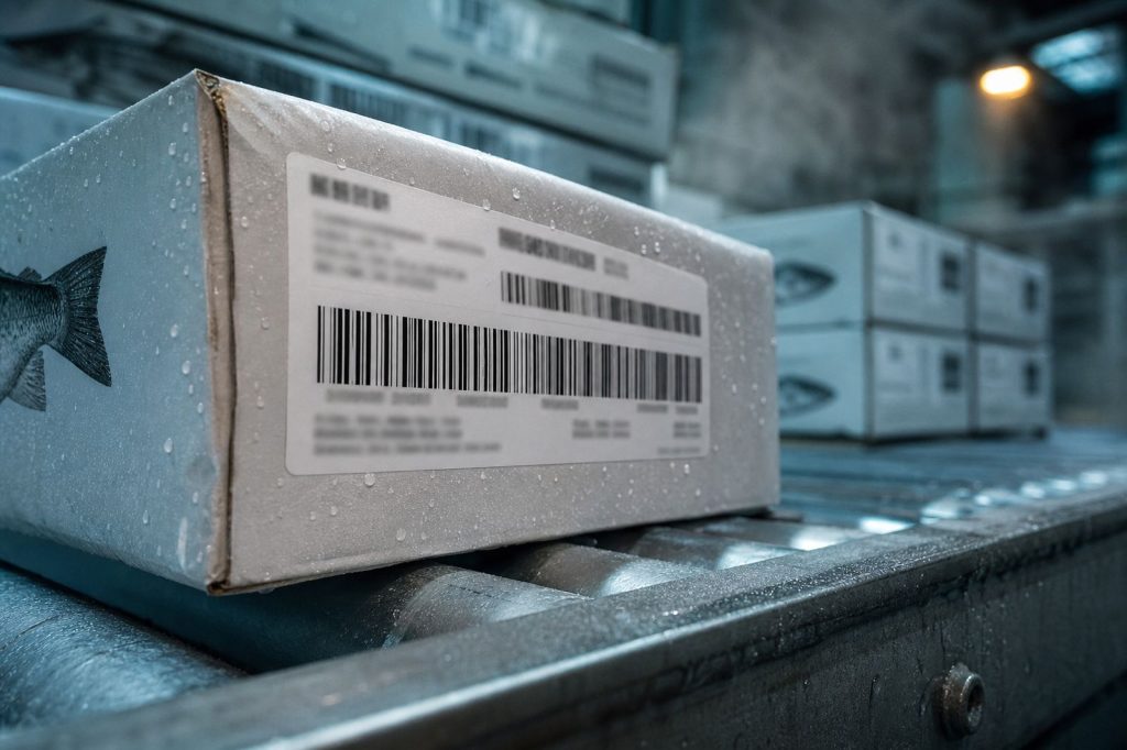 Barcode case label carrying a traceability lot code on a processing line.