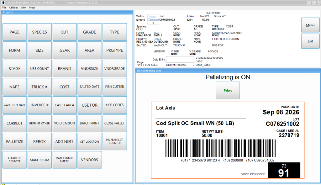 Lot Axis screen showing case label data tied to a production lot.