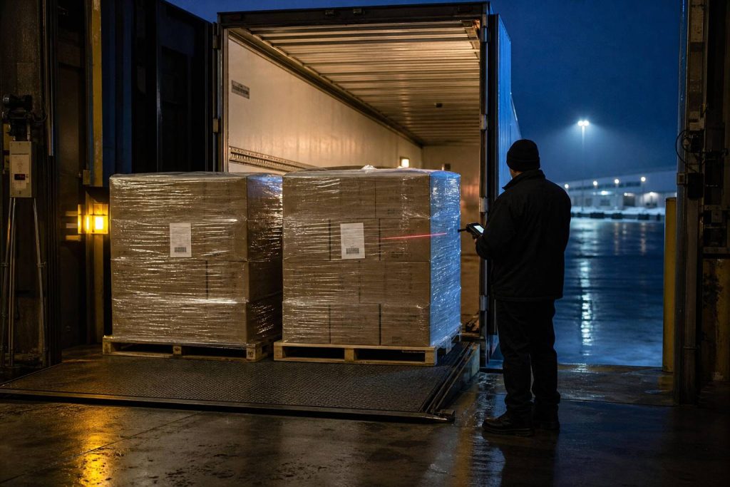 Labeled pallets of food cases staged at a shipping dock for scanning.