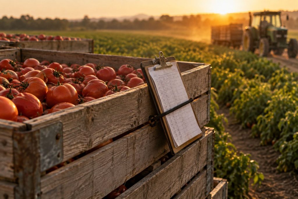 Field bins of tomatoes with a handwritten harvest ticket at the edge of a produce field.