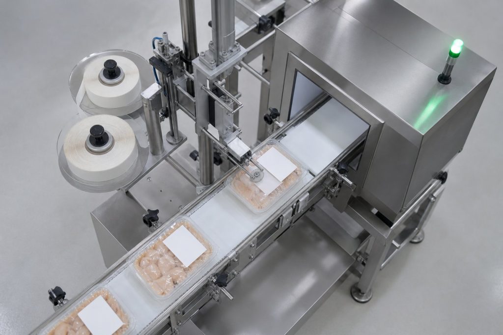 Packaged food trays passing an inspection tunnel and label applicator on a processing line.