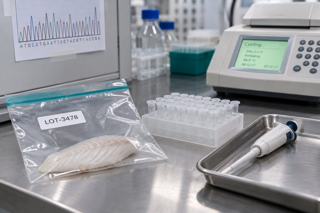 Fish fillet sample labelled with a lot number on a DNA testing laboratory bench.