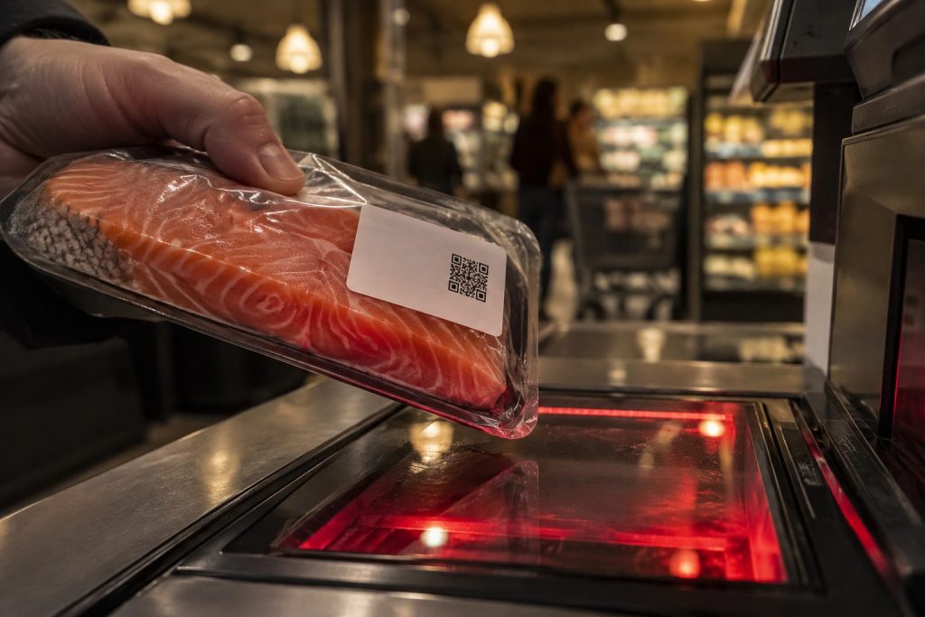 Packaged salmon with a 2D barcode label being scanned at a supermarket checkout.