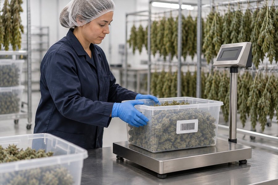 Weighing a barcode-labelled tote of dried cannabis flower