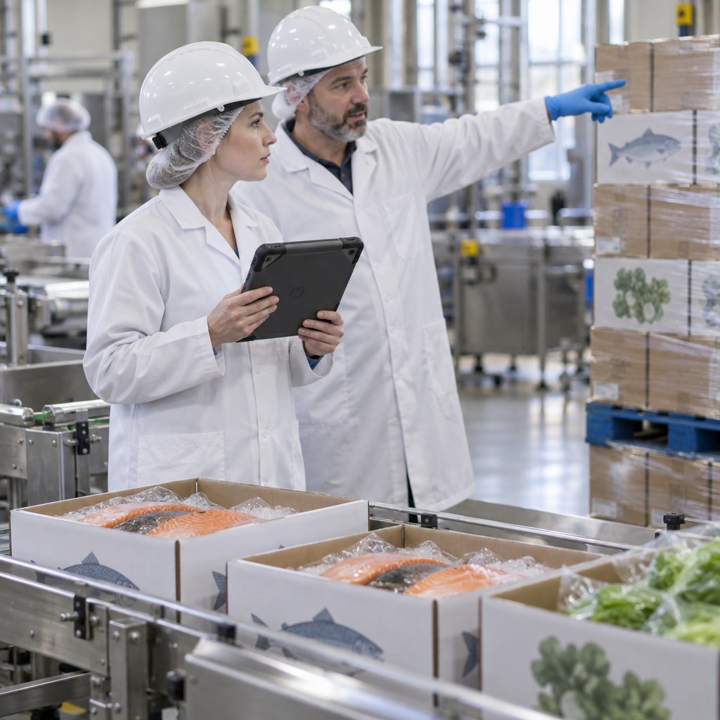 Plant supervisor reviewing lot data on a tablet beside a packing line