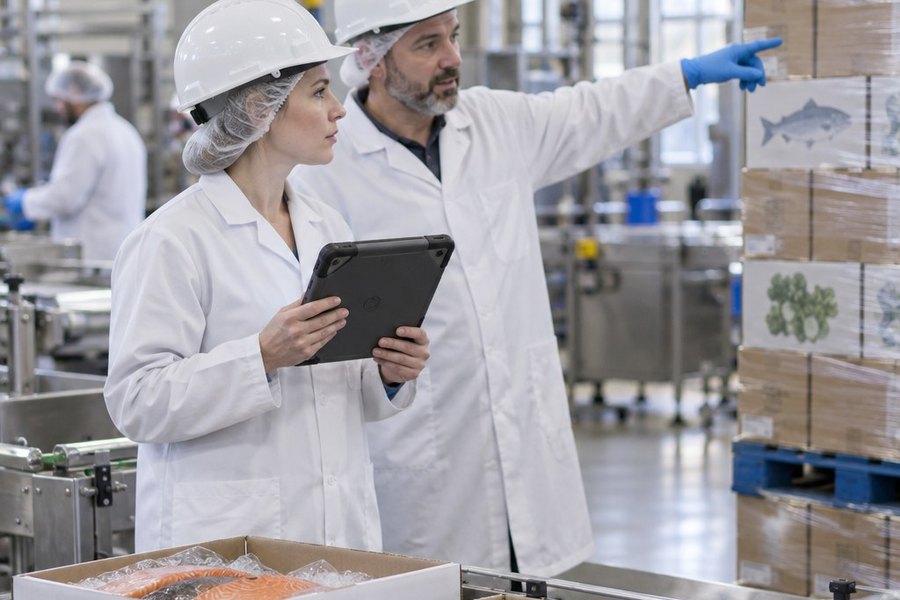 Plant supervisors reviewing lot data beside a packing line