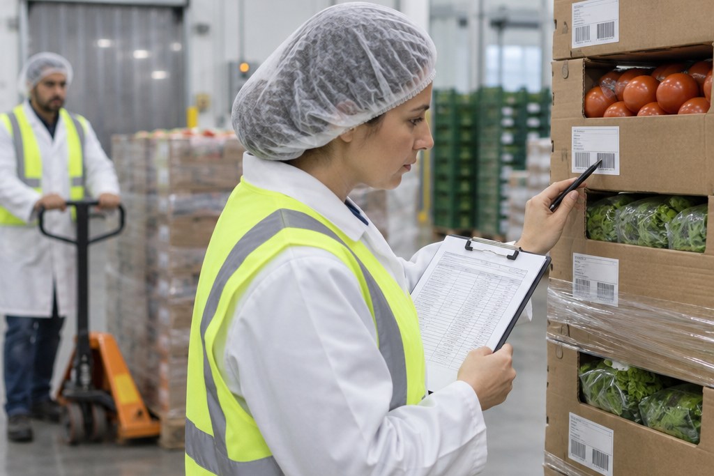 Food safety manager checking case labels against a traceability report