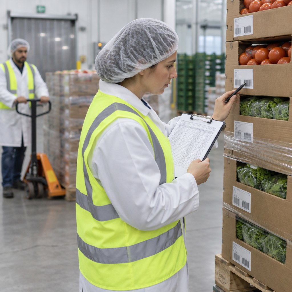 Food safety manager checking case labels against a traceability report