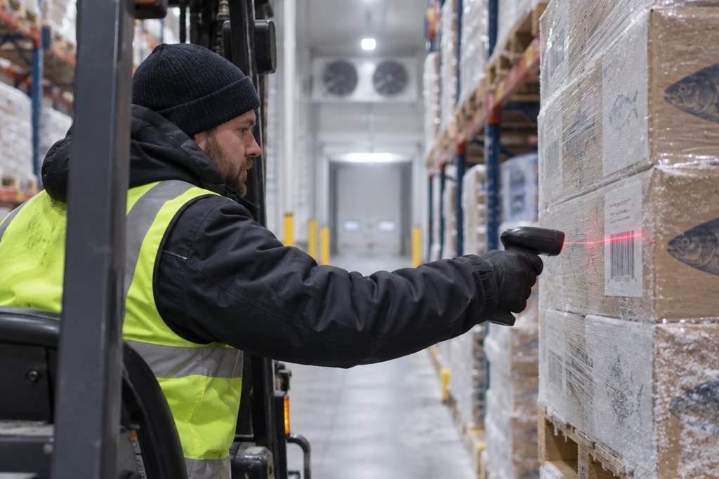 Forklift operator scanning a pallet label in cold storage