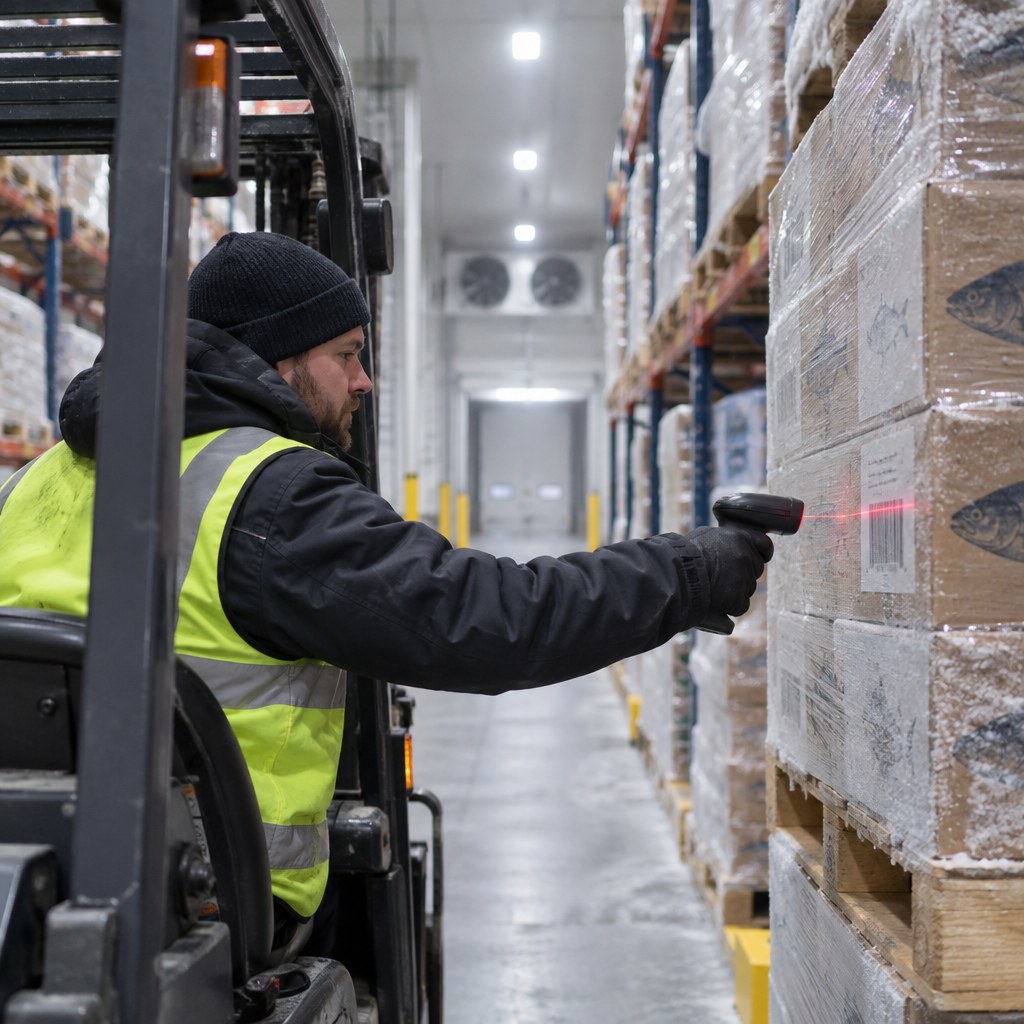 Forklift operator scanning a pallet label in cold storage