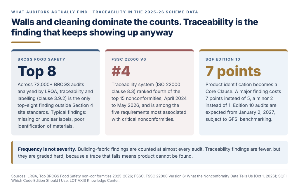 Diagram showing where traceability ranks in BRCGS, FSSC 22000 and SQF audit data.