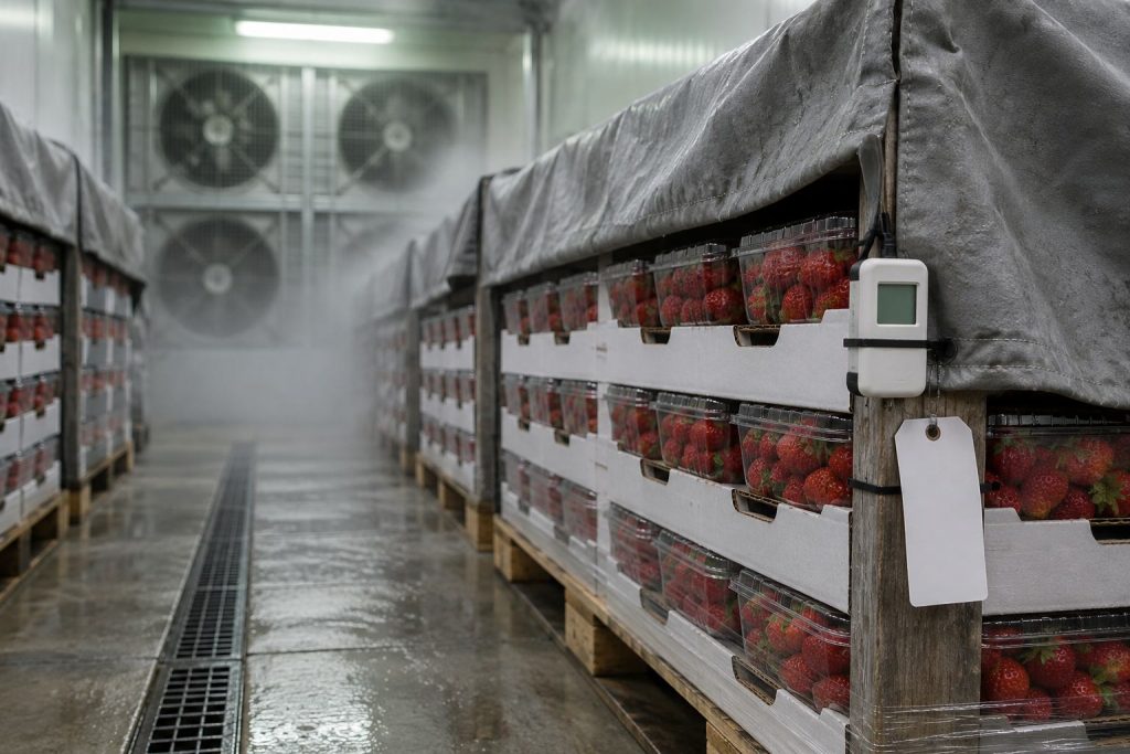 Pallets of strawberries in a forced-air precooling tunnel with a temperature data logger attached to one pallet.