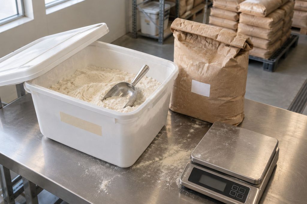 Ingredient bin with a blank label next to a part-used paper sack on a stainless batching table.