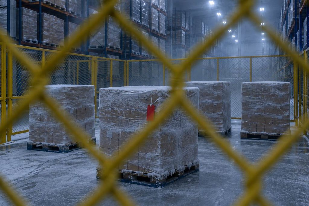 Frost-covered pallets with a red hold tag inside a fenced quarantine area of a freezer warehouse.