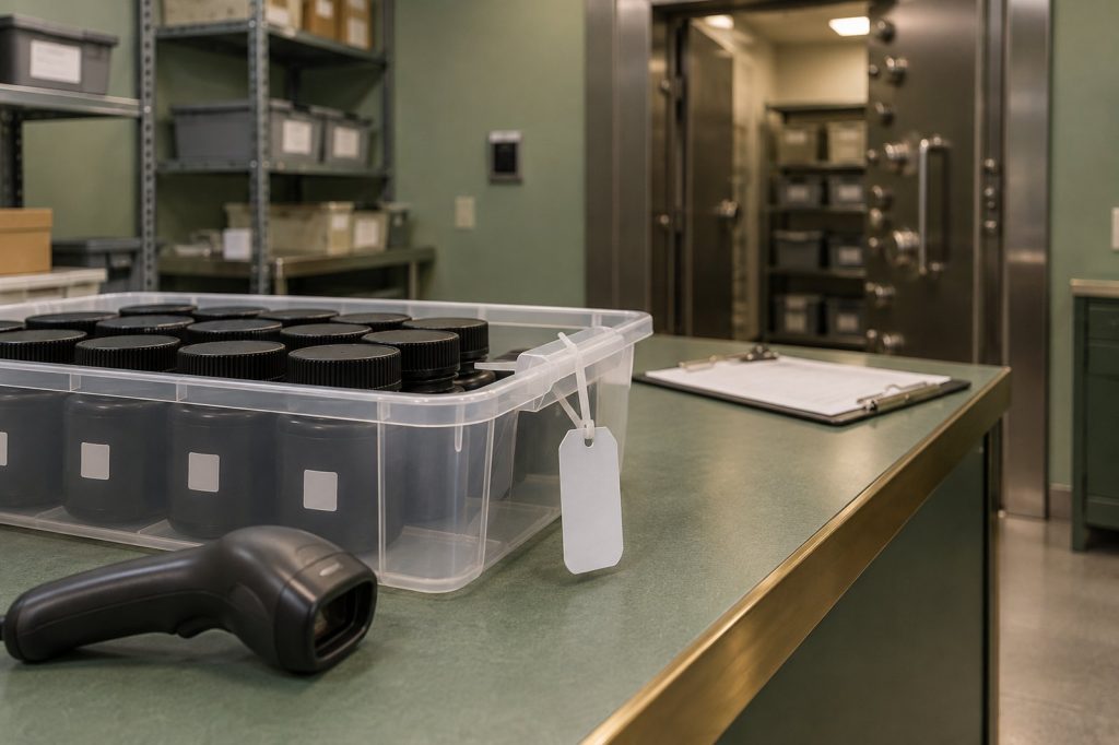 Tote of tagged cannabis jars on a receiving counter beside a scanner, with a product vault behind.