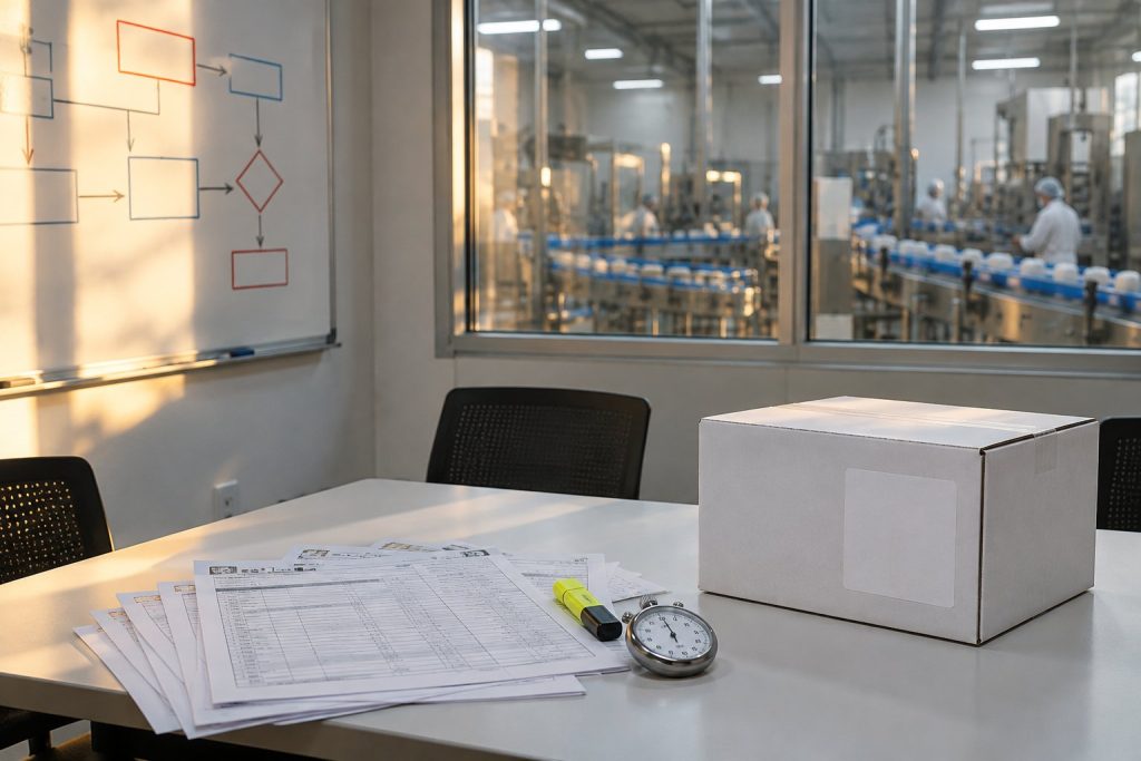 Stopwatch on printed shipping records in a food plant QA room during a mock recall exercise.
