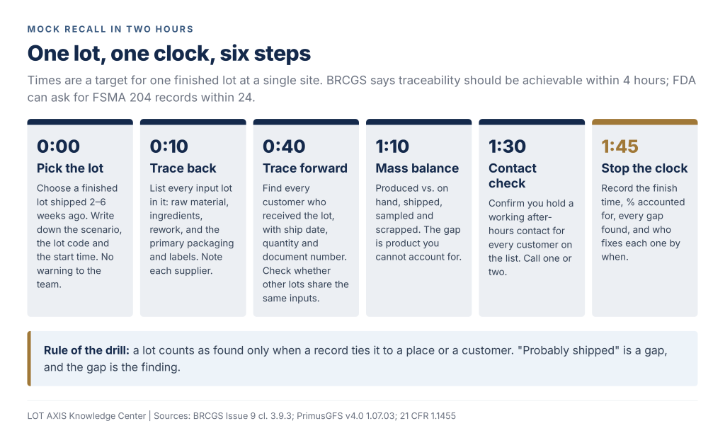 Timeline of a two-hour mock recall exercise in six steps.