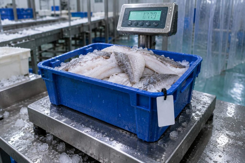 Tote of fish fillets being weighed on a stainless bench scale in a seafood plant.